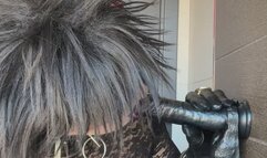 Crossdresser in black leather corset blow job