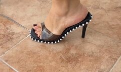 Goddess Barbara drinks coffee on the terrace while playing with her feet