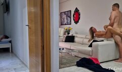 Couple's girlfriend heard moaning and went to check out what her friends are doing in the next room