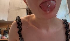 A lot of drool in Emmy's mouth, big spit with tongue, dripping