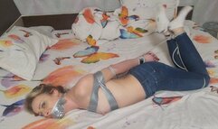 jeans and apron fetish, bondage, blindfold ,struggle