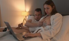 Step mom helps to cum step son in share bed with hand job and shaved pussy, but can't...