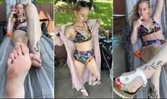 Smoking a Marlboro 100 on my way to the pool in bikini and Birkenstock sandals