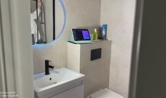 Wet girl masturbates in the shower in a white shirt with running mascara