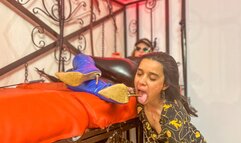 Submissive girl deepthroat both of my heels simultaneously