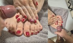 Huge cumshot over red toes
