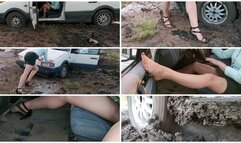 HOT PREMIERE: Sexy girl got her old Passat stuck in deep mud