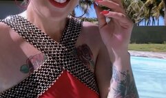 Red Marlboro 100s - Smoking in a prohibited area, at the hotel pool - Puffs in your face, Deep Inhales, Multiple pumps, Puffs, Swimsuit, Red lipstick, Long red nails, Tied up hair, Sunglasses