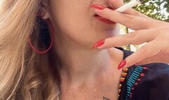 Marlboro Red - Smoking in the pool area - Puffs in your face, Smoker's cough, Multiple pumps, Nose exhales, Deep Inhales, Swimsuit, Long hair, Red lipstick, Long red nails, Sunglasses