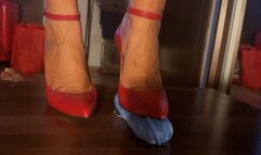 Sexy red stilettos and Pantyhose cock shoejob