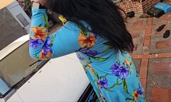 Balbina fantasy cranking on pantyhose and sexy blue heels in the old chevette