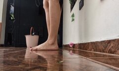 Katherine barefoot teasing while cleaning the house
