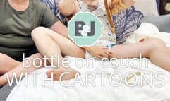 Bottle on couch with cartoons