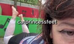 The Pose at the park, face and feet, after-workout scrunched and crossed soles, french tip long toes, foot fetish