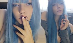 Cute Alt Girl smoking with her small perky titties out