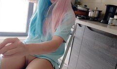 Egirl smoking in the kitchen with no panties