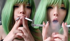 Cute Green Hair Egirl smoking 2 cigarettes at the same time