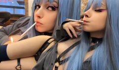 Blue Hair Step Sis Smoking for you with no bra