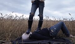 I trample his head with my dirty rubber boots (humiliation slave)