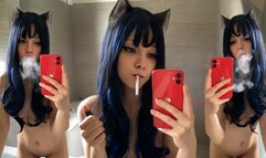 Naked Step-sis Smoking in the Mirror