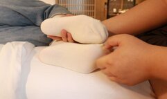 Chinese woman's smelly cotton socks feet are tickled