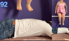 100 stomps and jumps from sisters on human rug