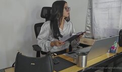 Sexy secretary arrives early at her office just to inflate some balloons