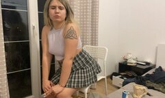 Farting in skirt on chair while smoking'
