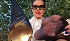 Foot slave training in the park - worn shoes, sweaty stockinged feet