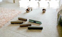 Giantess Charn destroys and crushes some toy train coaches in high heels very crunchy, camera view