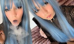 Alt Girl smoking in her fishnet gloves