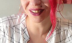 Blowing smoke in your face with my big lips - Marlboro red - White shirt and jeans - hair tied up