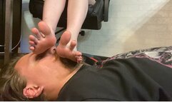 Using slave's face and neck as a footstool under My beautiful bare feet