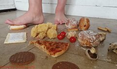 Barefoot crush fetish pizza and mixed food under heavy uk soles