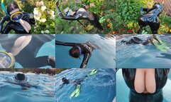 Swimming in very cold water and holding my breath underwater in an outdoor pool while wearing a latex catsuit, new fins and a new diving mask