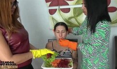 Vegans shove vegetables into slave's mouth (eating) by Bety and Kelly # 1080HD