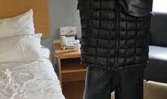 down jacket latex rubber layers with gasmask tease