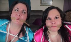 Gina Rae and Step-daughter Courtney bound and gagged in silky pantyhose, silk blouses and short skirts