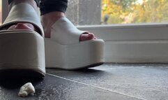 Chewing gum and spit on white platform wedge heels, two clips really left and right foot