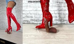 CRUEL BALL TRAMPLIG FUN IN RED CHUNKY HEEL OTK BOOTS -MULTI VIEW-