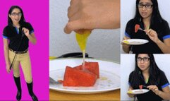 eRica finds out her riding lessons are not exactly “free”! Must pour condom cum on her watermelon & eat it!