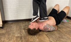 Arms and body trample in muddy sneakers and shoe soles licking