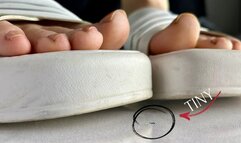 Worshipping the feet of a giantess in sandals by a tiny guy