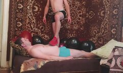 Jason trampling Eugene in red sneakers and pop balloons