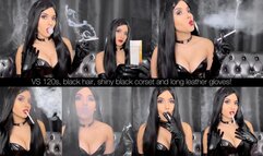Virginia Slims 120s, black hair, shiny black corset and long leather gloves!