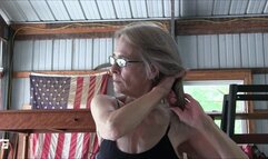 Granny Lilly, slow biceps flexing, hair play