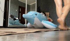 riding and jumping on dolphin inflatable and swimring