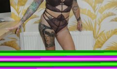 Giantess Atari Queen destroys and crushes tiny toy cars, bus, truck and buildings in high heels full body view