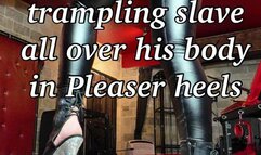 Princess Diss trampling slave all over his body in Pleaser heels