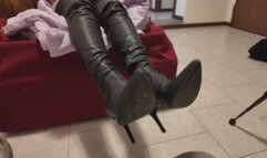Beauty femdom with high heel boots, worship, ball stomping and dirty soles lick to clean them